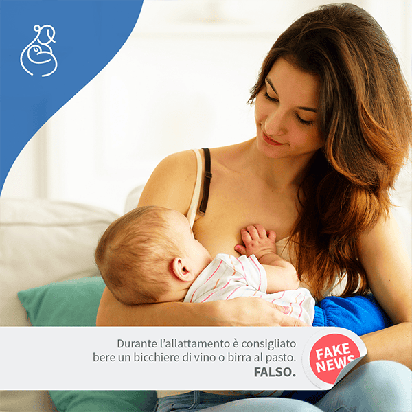 Mamma allatta il bambino con un consiglio su vino o birra.