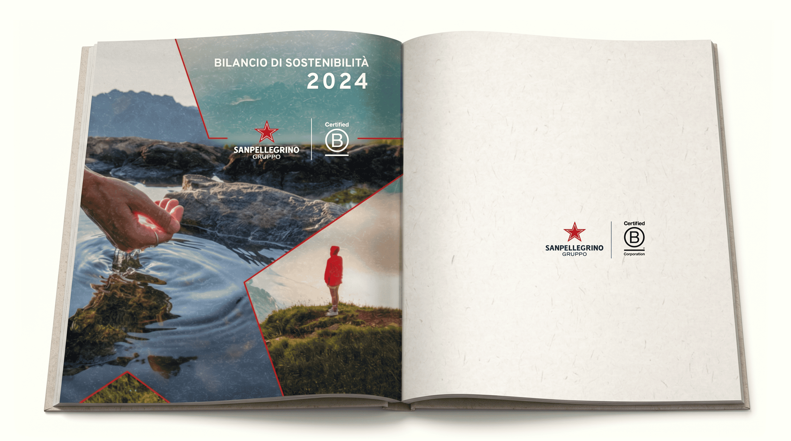 Pagina del report di sostenibilità 2024 di Sanpellegrino con immagini di natura e acqua.
