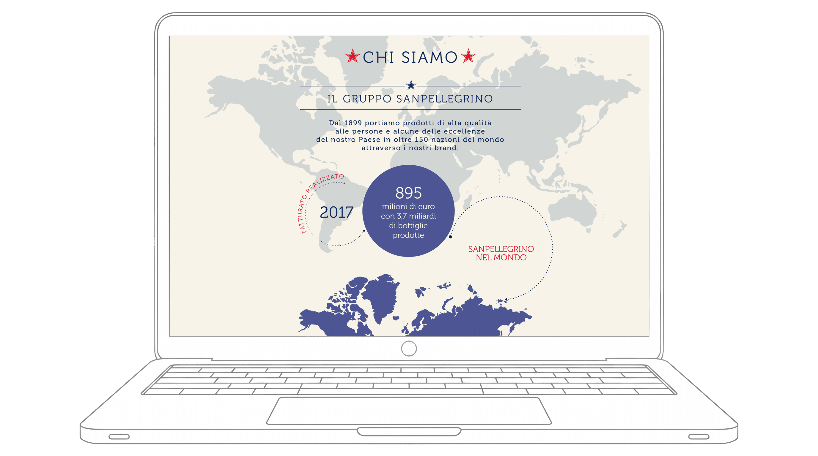 Mappa del mondo con dati sulla presenza di Sanpellegrino dal 2017.