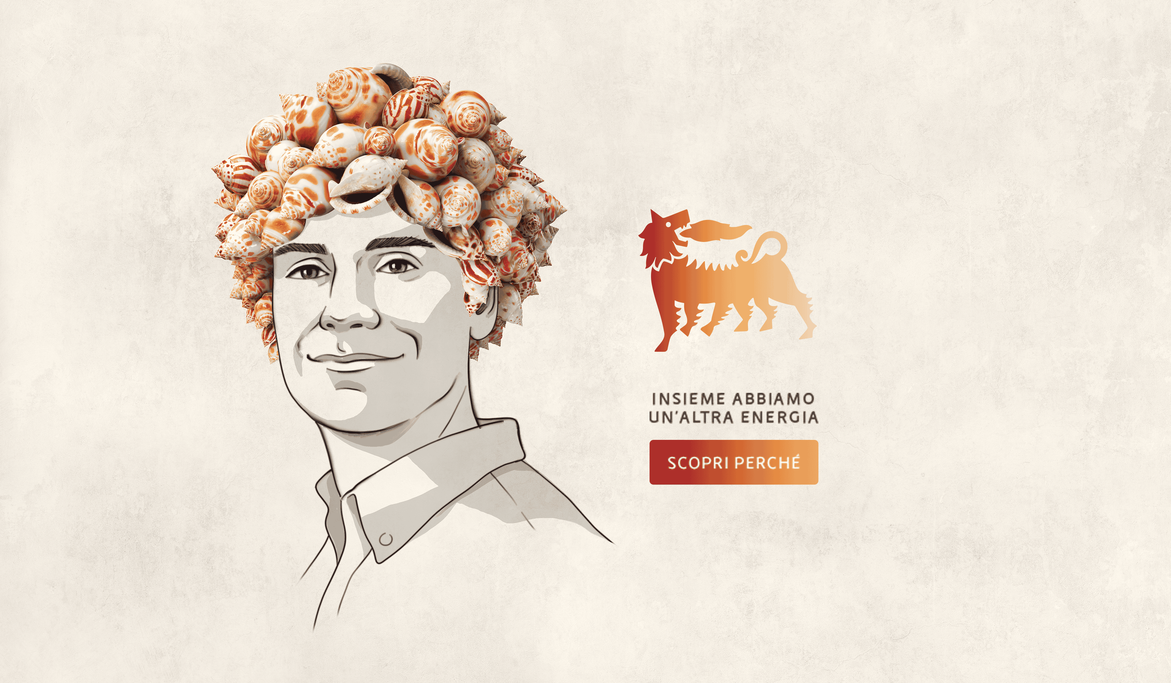 Ritratto stilizzato di una donna con capelli di conchiglie e logo Eni.
