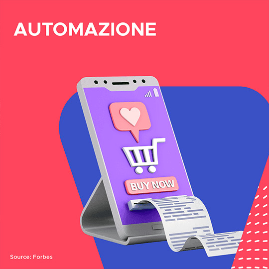 Smartphone con carrello e ricevuta, automatizzazione acquisti online.
