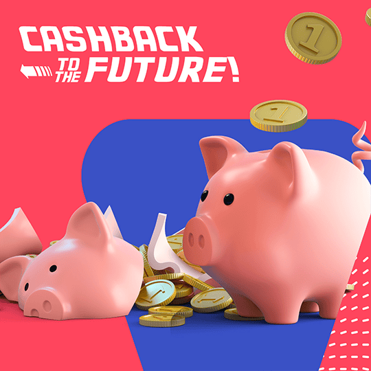 Porcelline di denaro con monete d'oro e testo Cashback to the Future.