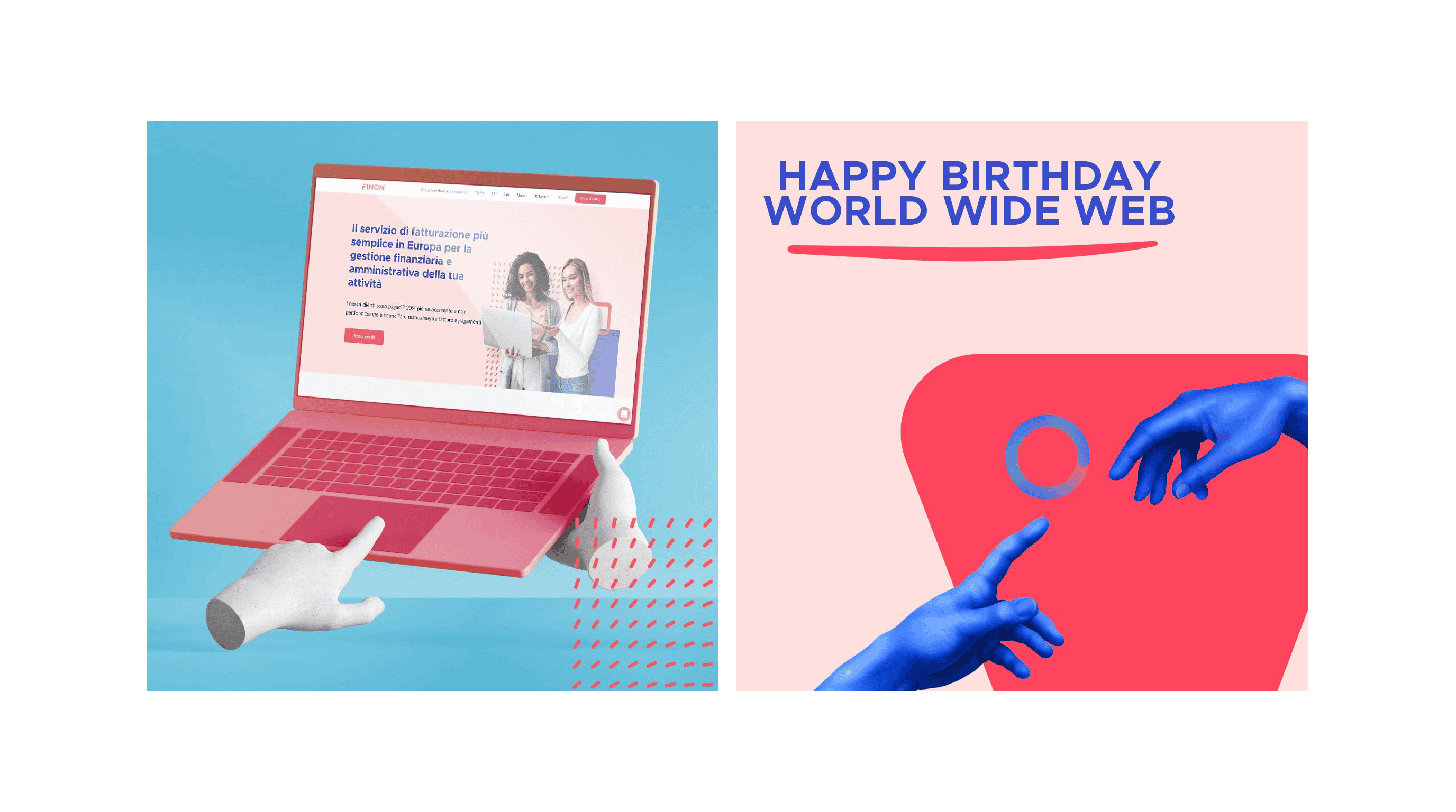 Laptop rosa con schermo che mostra un sito web, sfondo colorato e mani che interagiscono con un'icn.