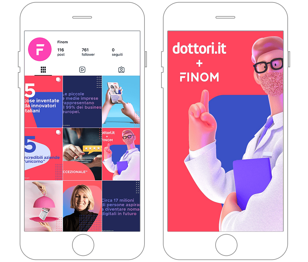 Immagine di un telefono con contenuti social di Finom e Machine Creative.