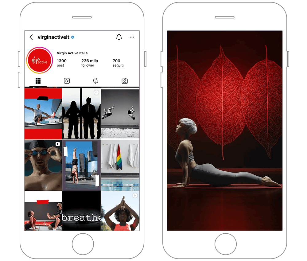 Profilo Instagram di Virgin Active Italia con immagini di fitness e benessere.
