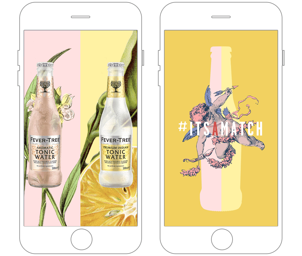 Bottiglie di Fever Tree Tonic Water con sfondo colorato e design moderno.