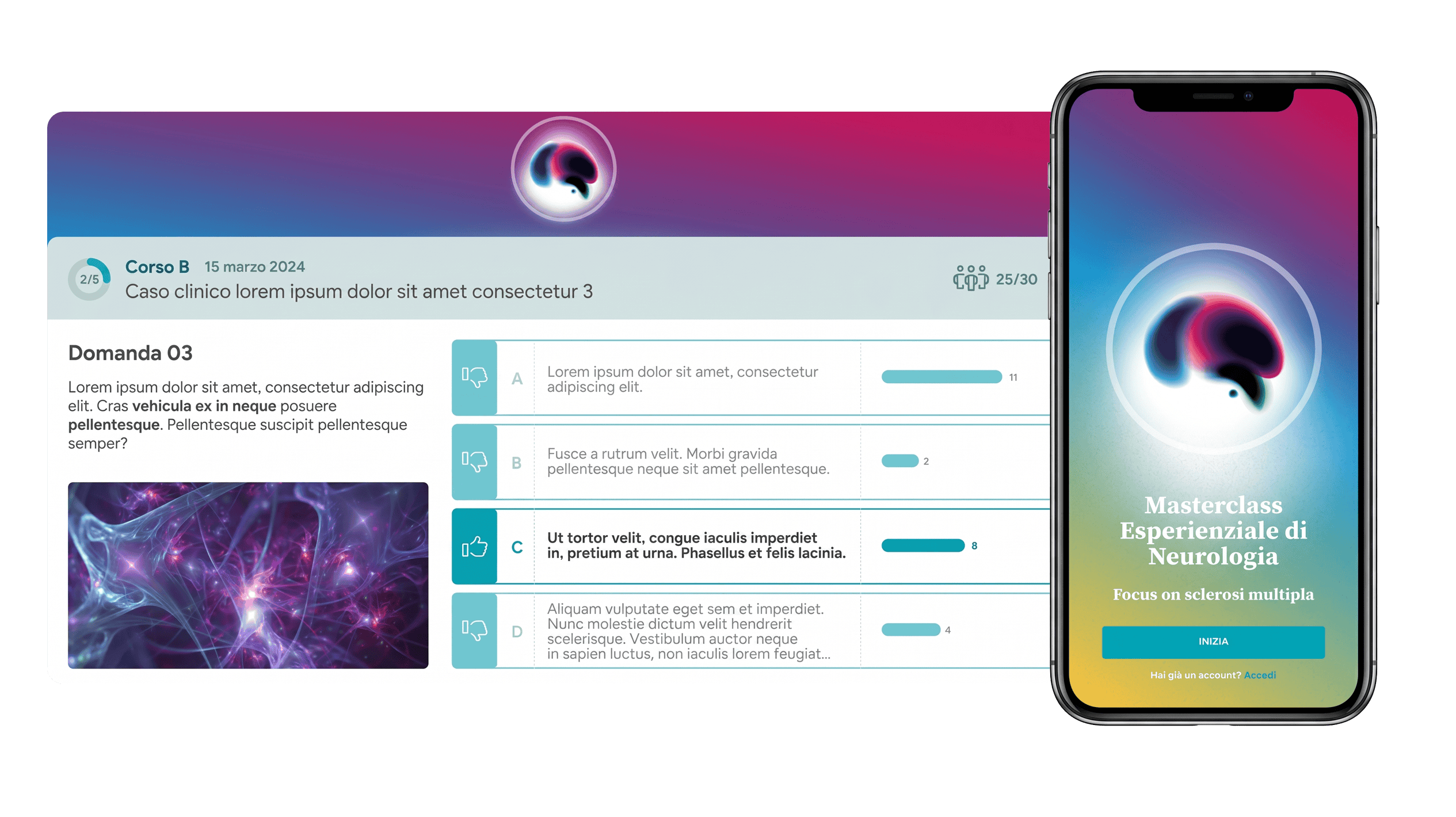 Schermata di un'app di formazione sulla neurologia con dispositivo mobile e desktop.