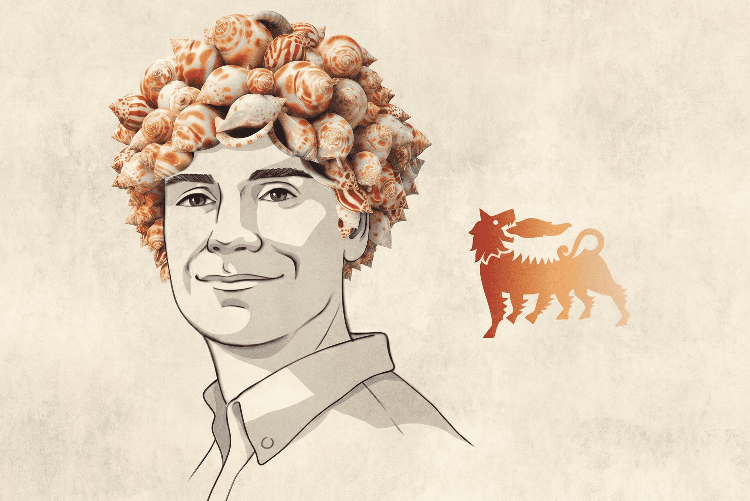 http://Ritratto%20stilizzato%20con%20cappello%20di%20conchiglie%20e%20logo%20di%20un%20leone.