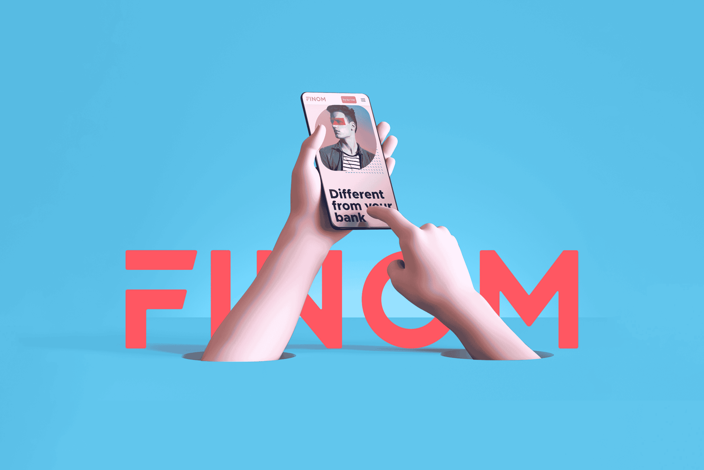 Smartphone con app Finom e testo promozionale su sfondo azzurro.