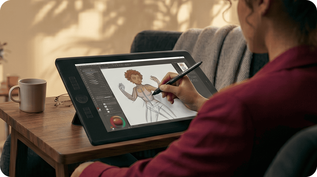 Artista digitale che disegna un personaggio su tablet con stilo digitale.