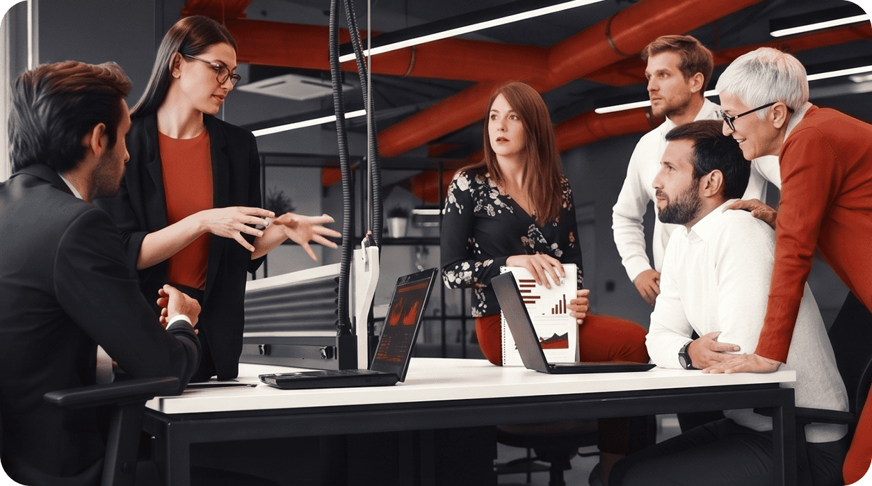 Gruppo di professionisti che discute strategie di marketing digitale in ufficio moderno.