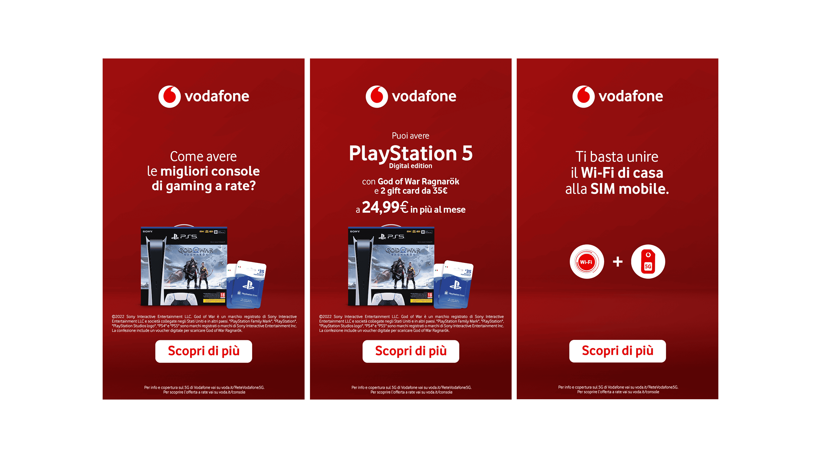 Campagna pubblicitaria Vodafone con offerte per console e smartphone.