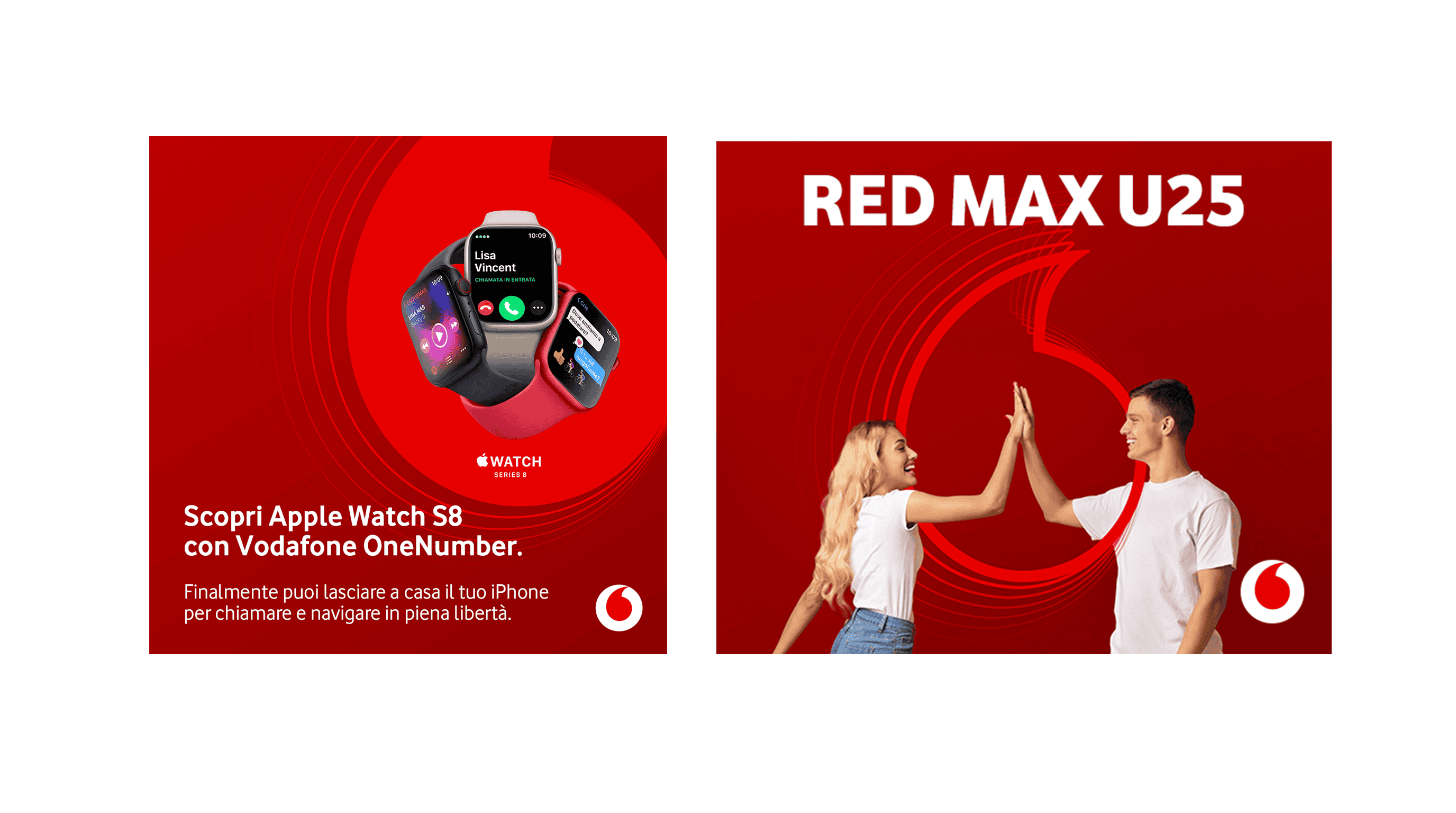 Pubblicità Vodafone Red U25 con Apple Watch S8 e smartphone.
